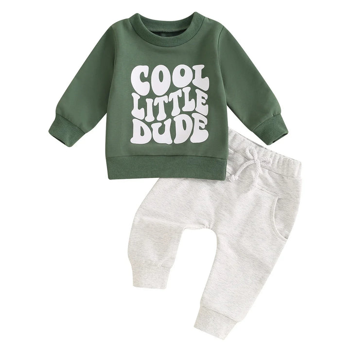 Green toddler sweatshirt with "COOL LITTLE DUDE" text and light gray baby sweatpants set