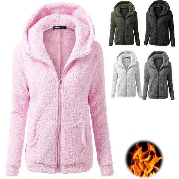 Soft sherpa fleece hooded jacket in pink, grey, white, black, and green colors with front pockets