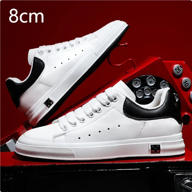 White and black leather sneakers on vintage red rotary phone, 8cm heel height