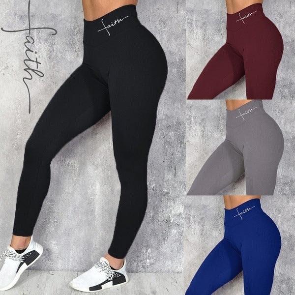 Women wearing high-waisted ribbed leggings in black, burgundy, gray, and blue with 'faith' logo, styled for fitness