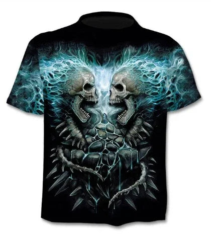 Black t-shirt with a graphic of two facing skulls surrounded by blue flames and sharp spikes