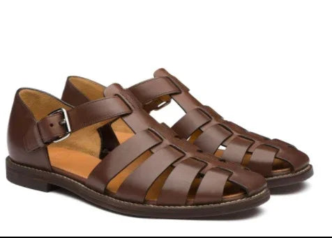 Brown leather men's fisherman sandals with buckle strap and woven design