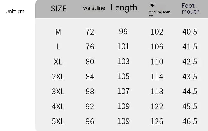 Size chart for pants with waistline, length, hip circumference, and foot mouth measurements in cm from M to 5XL