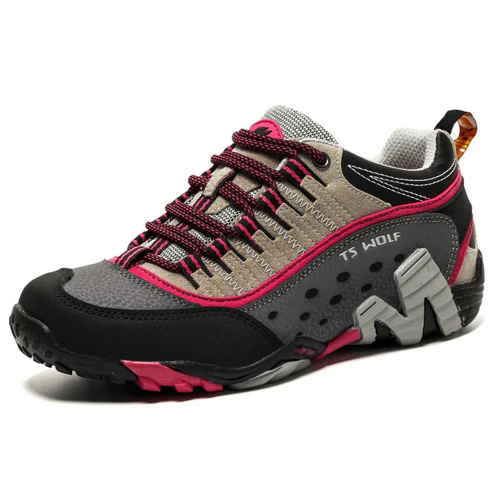 TS Wolf gray and pink hiking shoe with durable sole and mesh upper for outdoor activities
