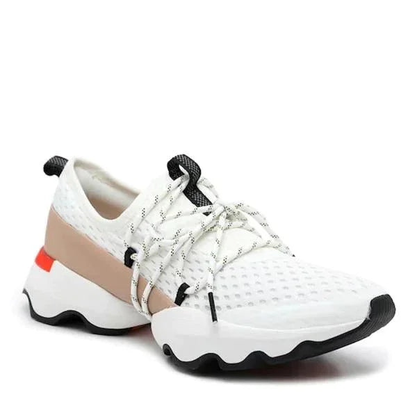 White mesh athletic sneaker with beige accents, black sole, and orange detail on the heel