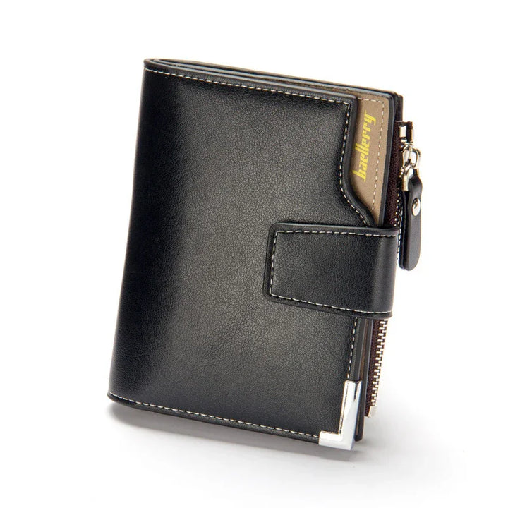Black leather men's wallet with zipper and snap closure, metal corner accent, and brown card slot