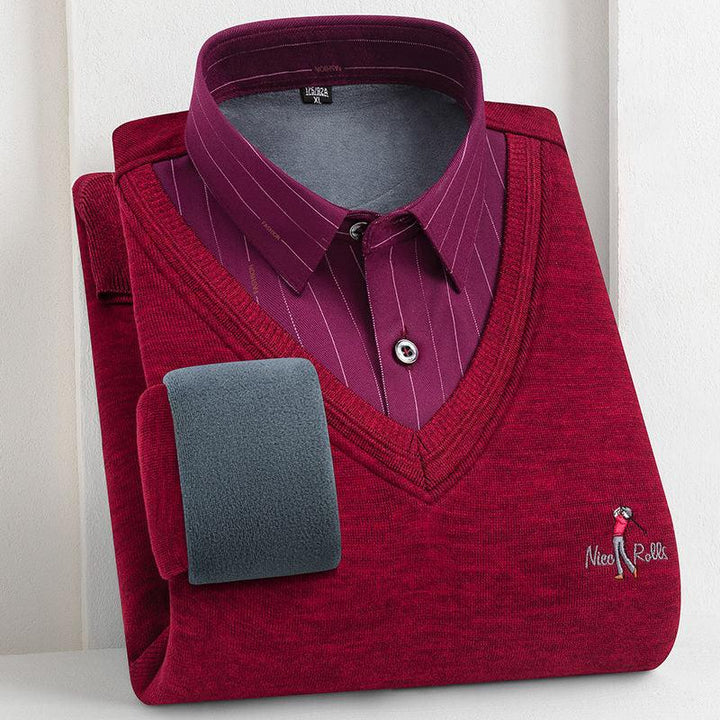 Folded men's red V-neck sweater with purple pinstripe shirt inside, embroidered logo visible