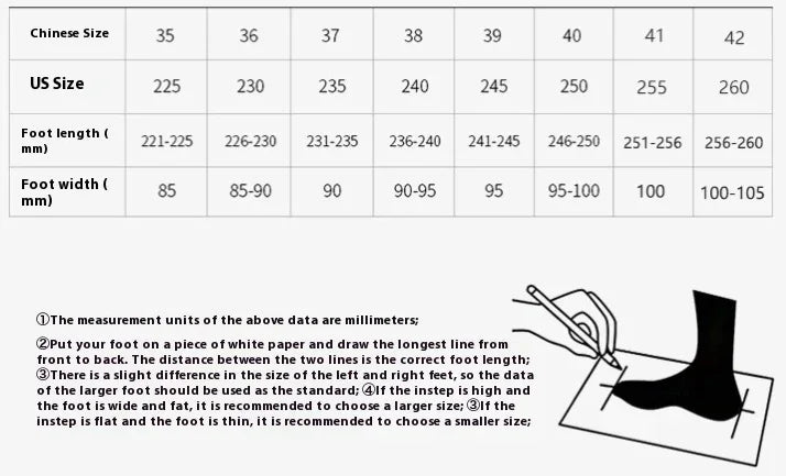 Shoe size chart with Chinese and US sizes, foot length and width in millimeters, and foot measurement instructions
