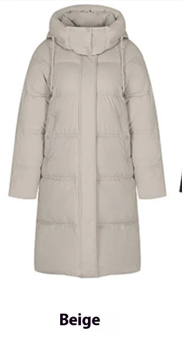 Beige long puffer coat with high collar and snap button closure, winter outerwear