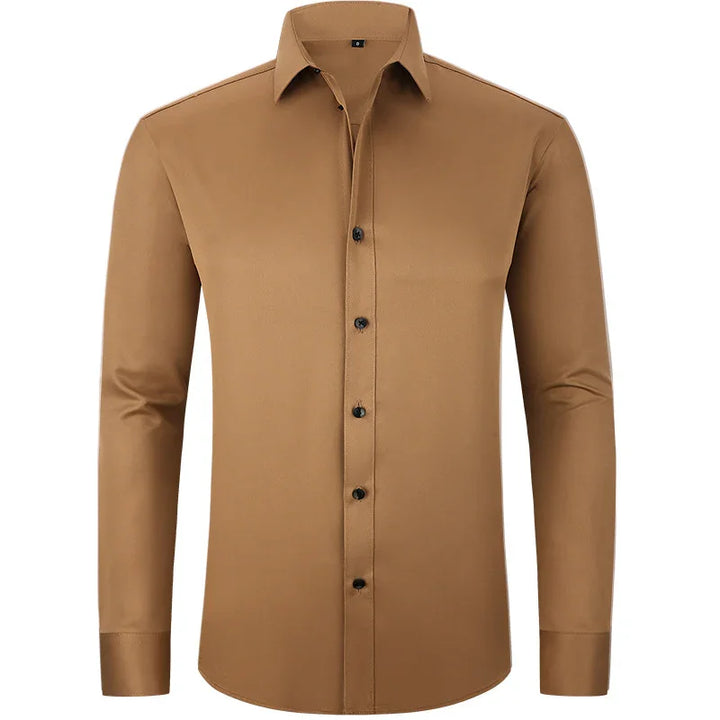 Men's long sleeve brown dress shirt with black buttons and classic collar