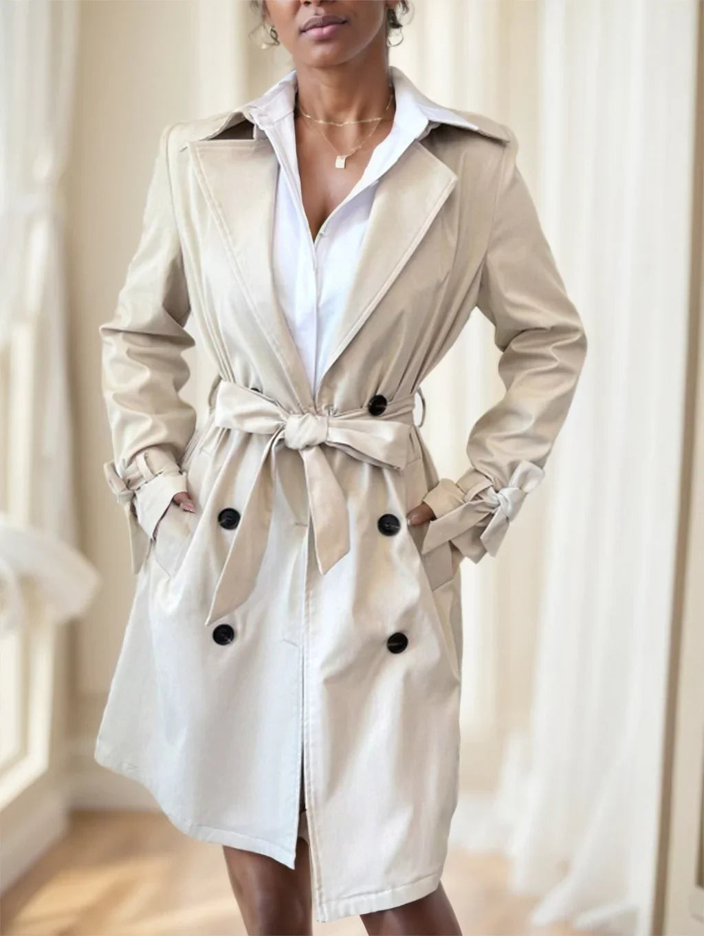 Woman wearing beige trench coat with black buttons and tied waist belt in stylish indoor setting