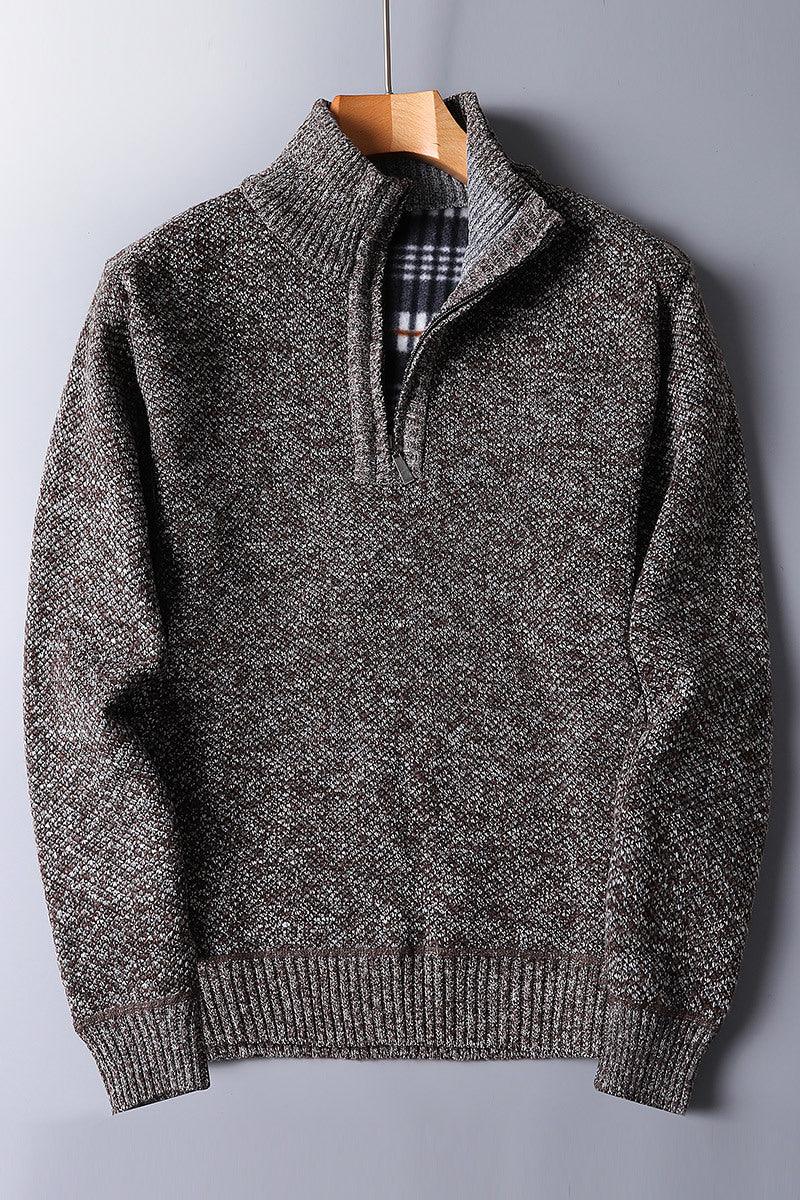 Brown and grey knitted quarter-zip sweater with ribbed cuffs and plaid inner collar detail