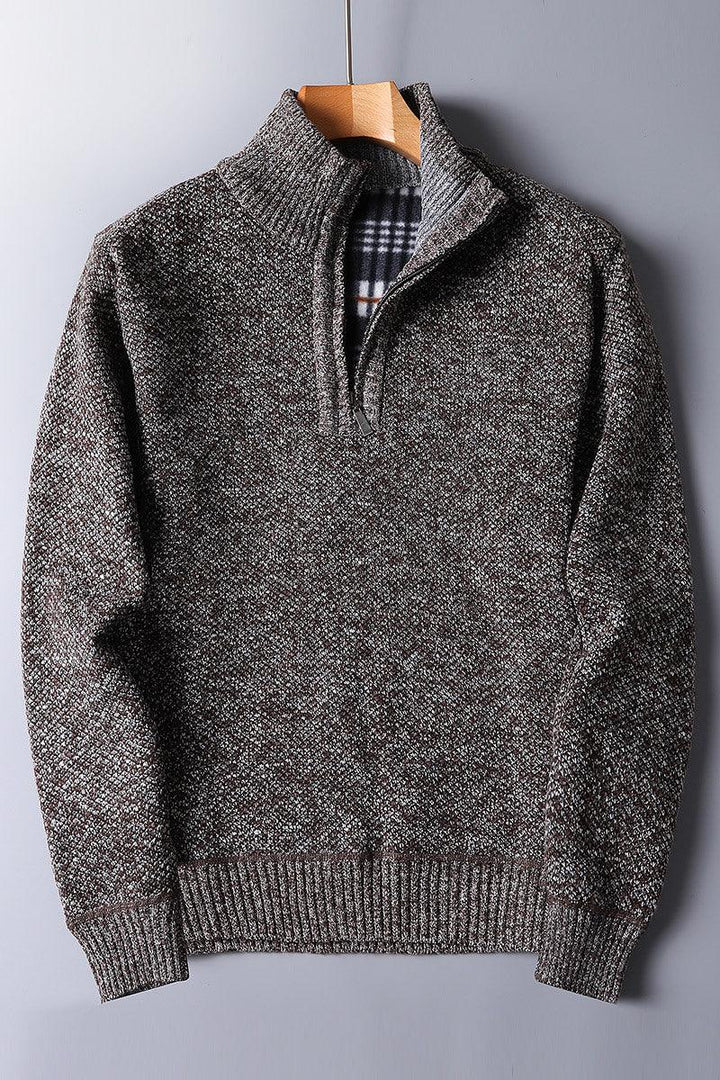 Brown and grey knitted quarter-zip sweater with ribbed cuffs and plaid inner collar detail