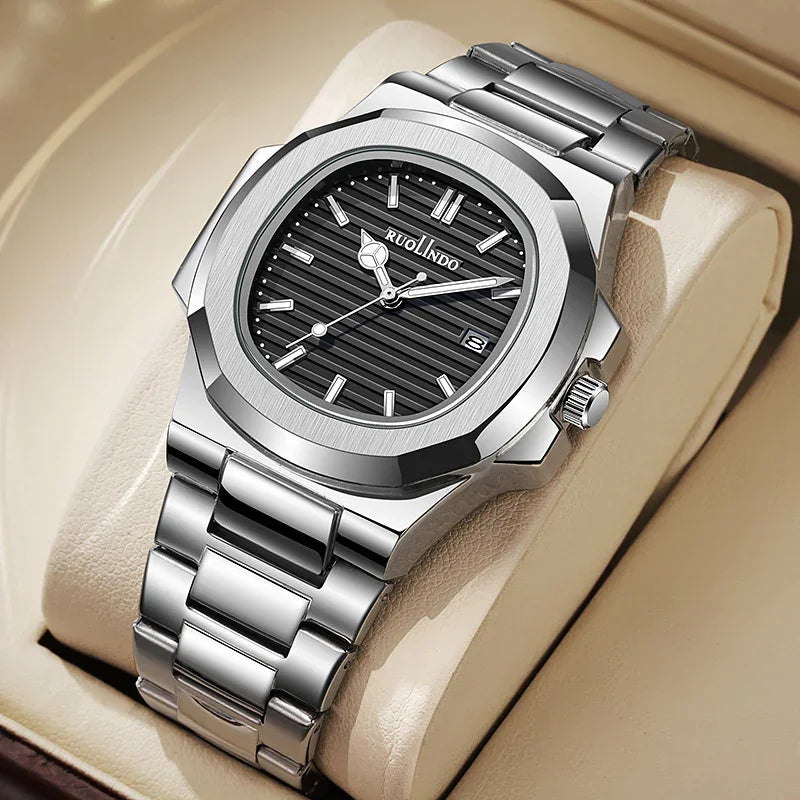 RUOLINDO men's stainless steel wristwatch with black striped dial and silver bracelet on beige cushion