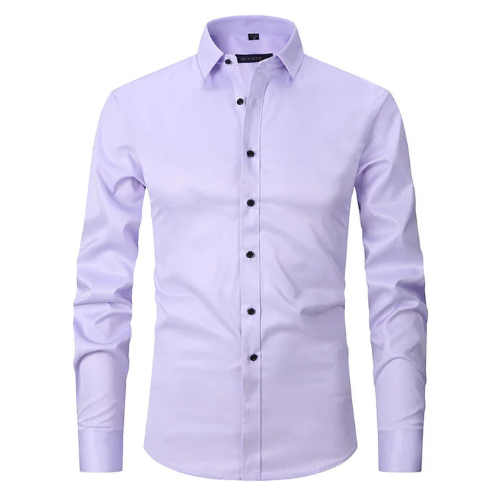 Light purple men's slim fit dress shirt with black buttons and long sleeves