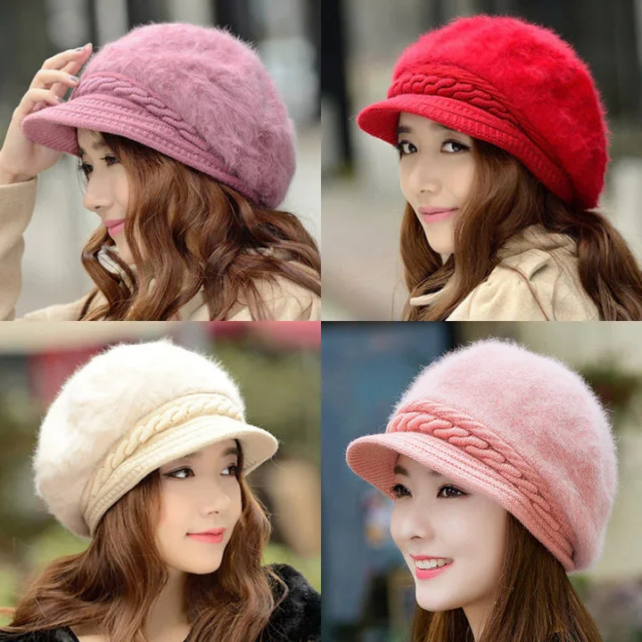 Women wearing stylish fuzzy knit newsboy caps in pink, red, white, and peach colors