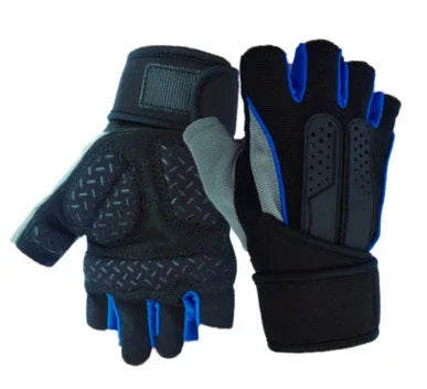 Pair of black and blue fingerless workout gloves with padded palms and adjustable wrist straps