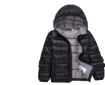 Black lightweight puffer jacket with hood and quilted grey lining, open front view
