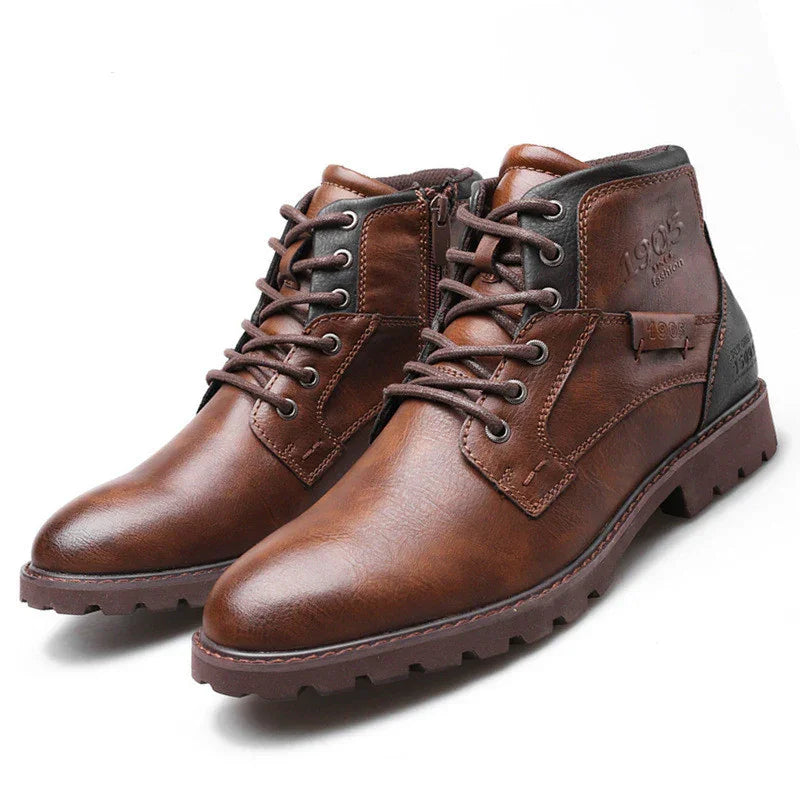 Brown leather men's ankle boots with lace-up design and durable rubber soles