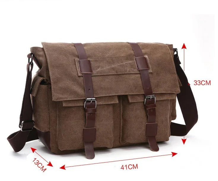 Brown canvas messenger bag with leather straps, dual front pockets, adjustable shoulder strap, 41x33x13cm