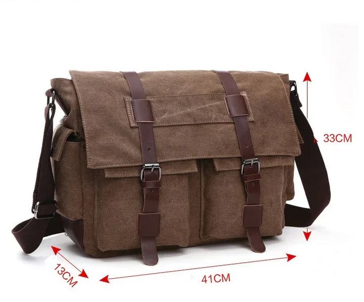 Brown canvas messenger bag with leather straps, dual front pockets, adjustable shoulder strap, 41x33x13cm