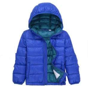 blue hooded puffer jacket with teal interior lining displayed open