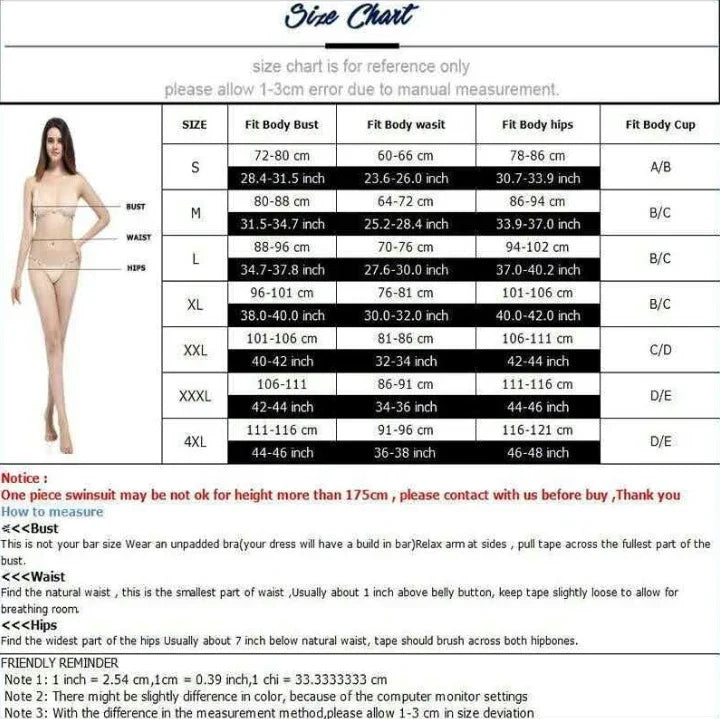 Swimsuit size chart with model illustration showing bust, waist, and hip measurements in cm and inches for sizes S to 4XL