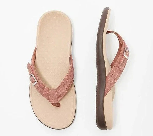 Pair of beige and brown cushioned thong sandals with adjustable fabric straps and buckle detail