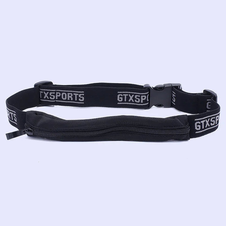 Black GTXSPORTS waist belt with zippered pocket for outdoor running and fitness activities