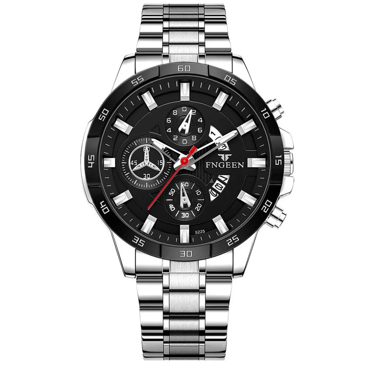 Silver FNGEEN chronograph wristwatch with black dial, three subdials, red second hand, and metal bracelet