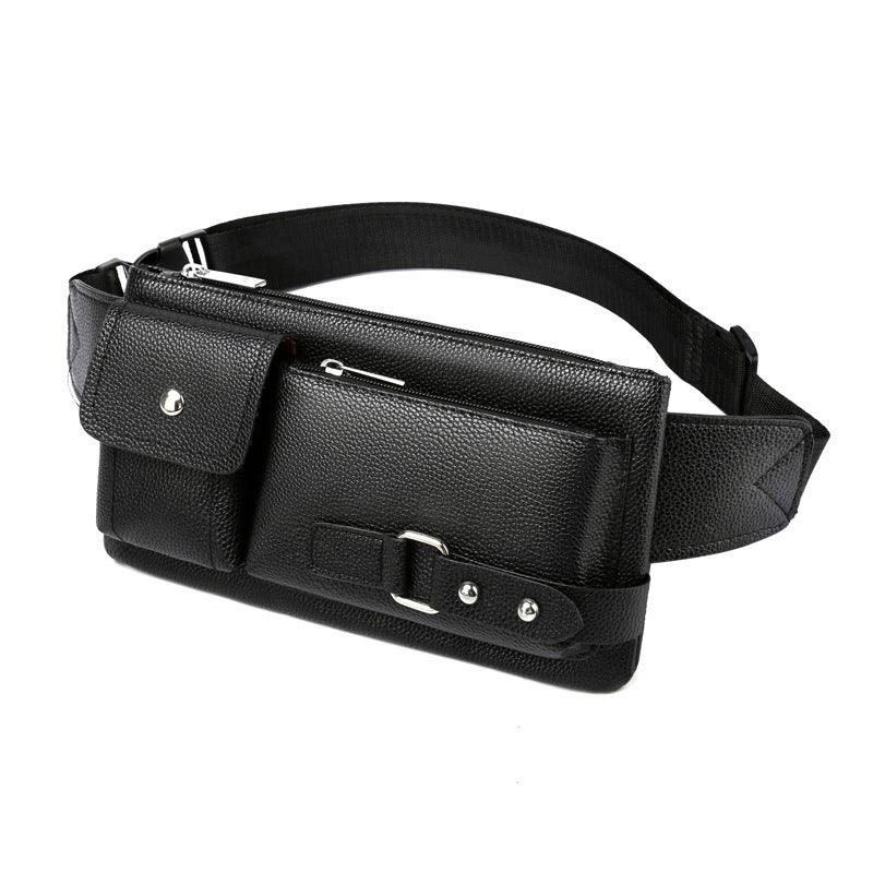 Black leather waist bag with multiple zippered compartments and silver buckle detail
