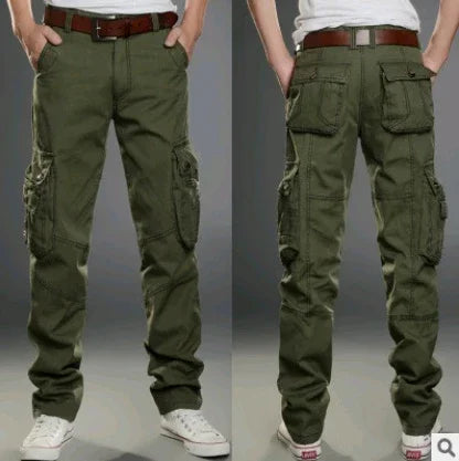 front and back views of men's olive green cargo pants with side and back pockets, worn with brown belt and white sneakers