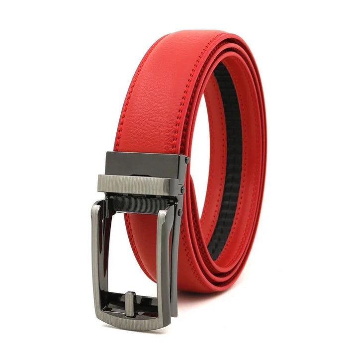 Red leather men's belt with silver metal buckle on white background