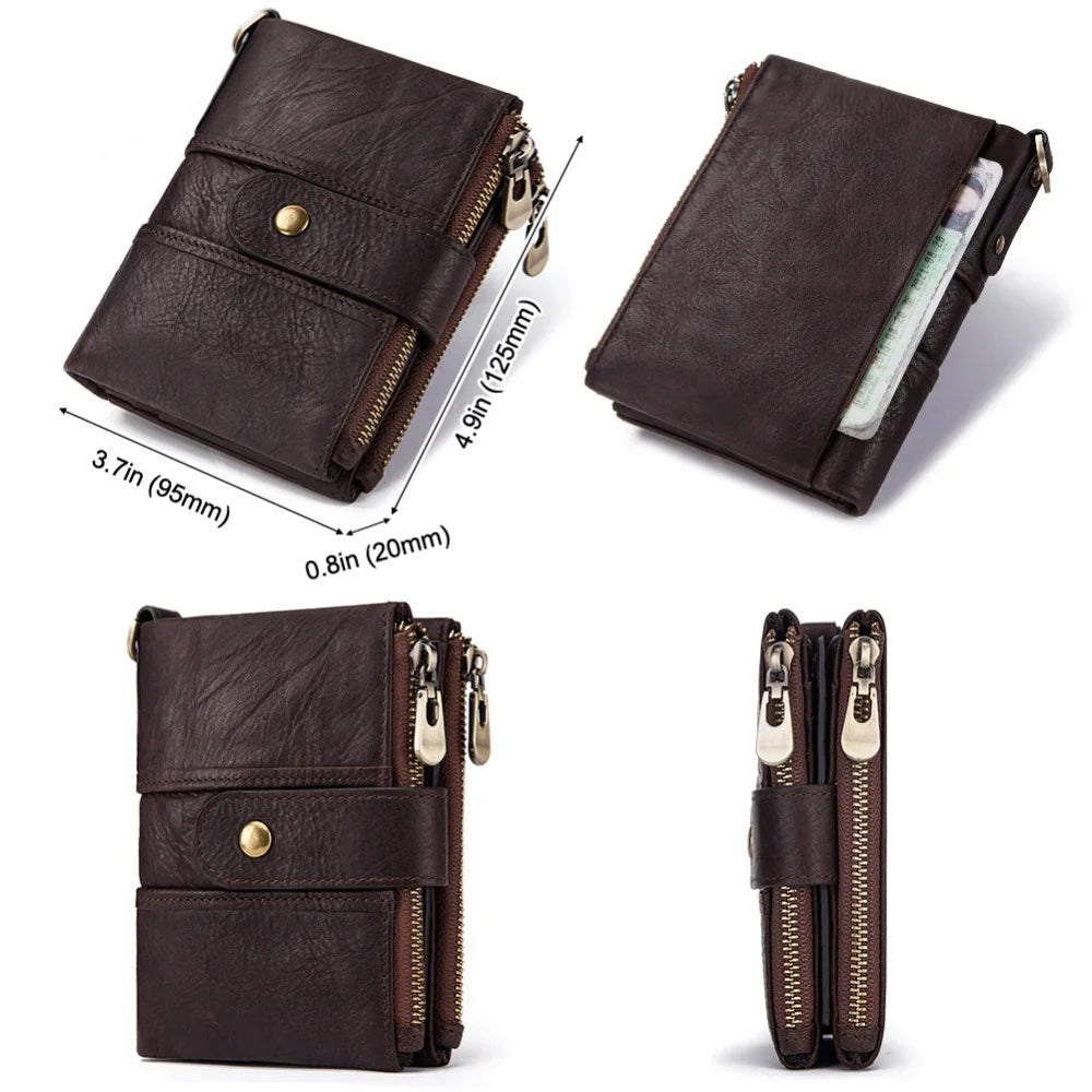 Dark brown leather wallet with snap closure, dual zippers, compact design with card slot