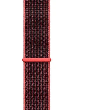 Close-up of woven black and red nylon sport loop band with red plastic connector for smartwatch
