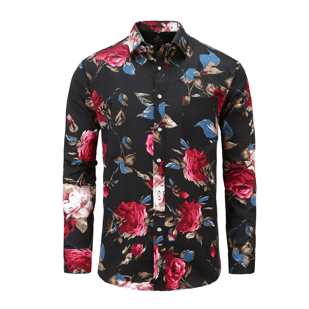 Black long-sleeve button-up shirt with large red, blue, and beige floral print and chest pocket