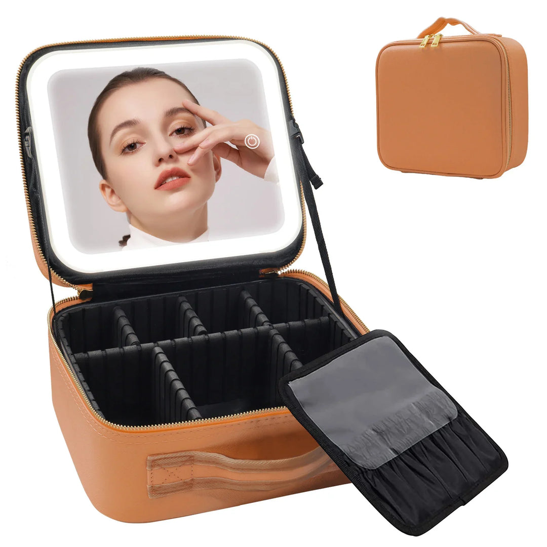 Tan leather makeup train case with customizable compartments, lighted mirror, and removable brush organizer
