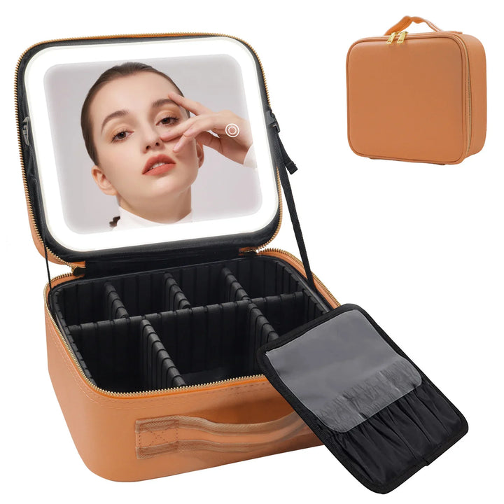 Tan leather makeup train case with customizable compartments, lighted mirror, and removable brush organizer