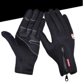 Pair of black winter gloves with reinforced palms, stitching, and wrist zipper for secure fit