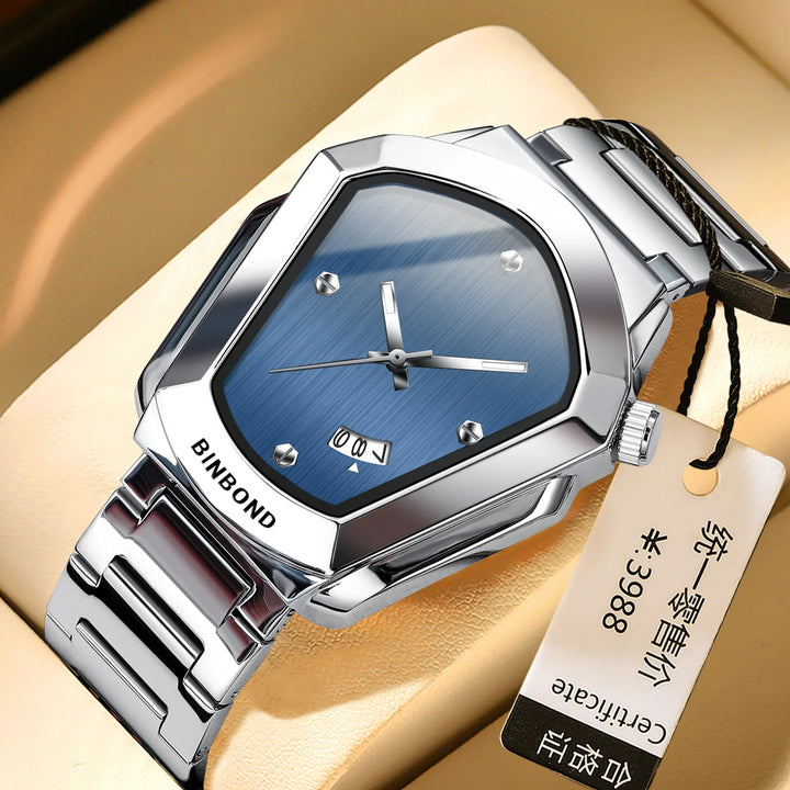 Stylish BINBOND silver metal smartwatch with blue dial and date display on beige cushion