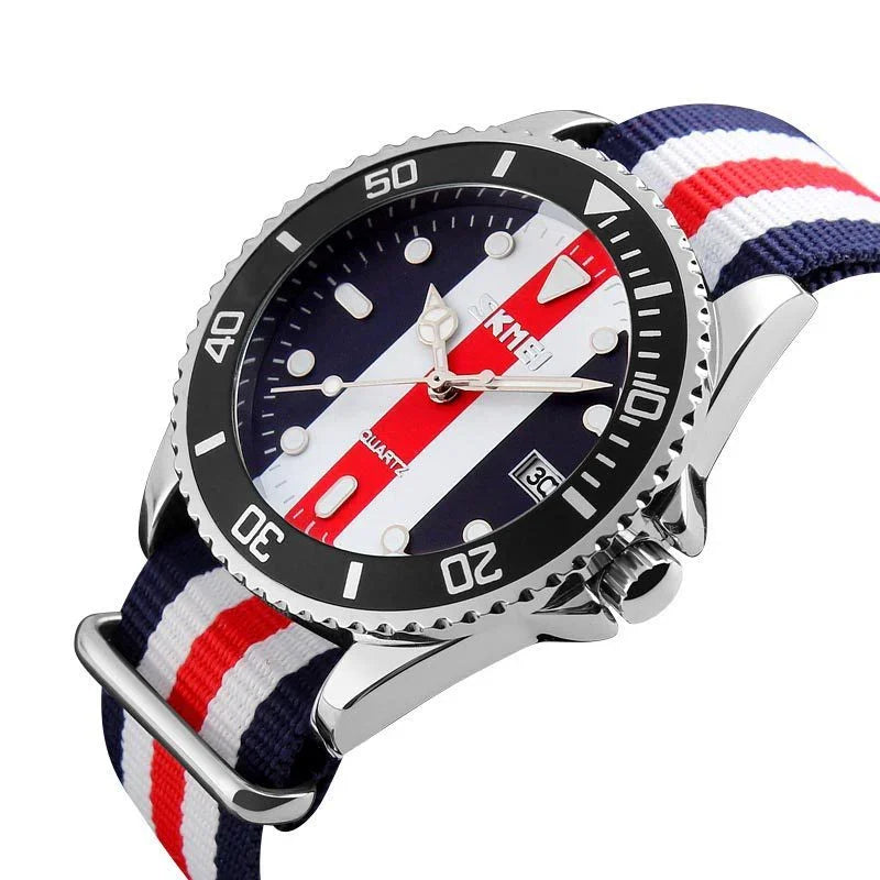 Silver wristwatch with black bezel and red white blue striped nylon strap, date display at 3 o'clock