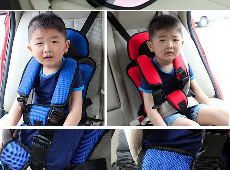 Young boy sitting in car wearing blue and red child safety harness seat belts inside vehicle