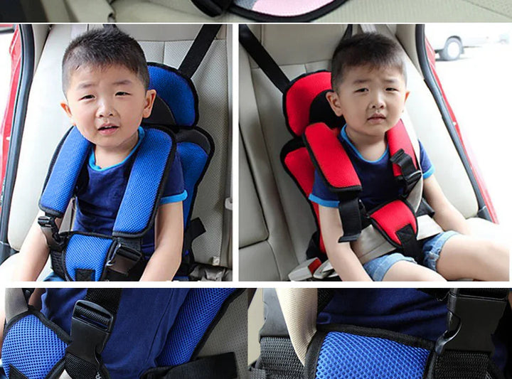Young boy sitting in car wearing blue and red child safety harness seat belts inside vehicle