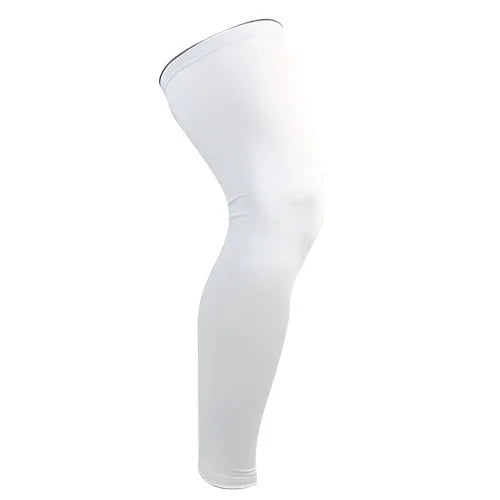 White compression leg sleeve for sports and injury support on plain background