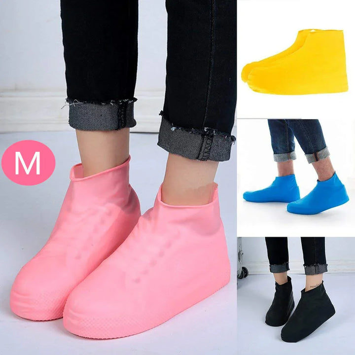 Waterproof silicone shoe covers in pink, yellow, blue, and black colors worn over casual shoes indoors