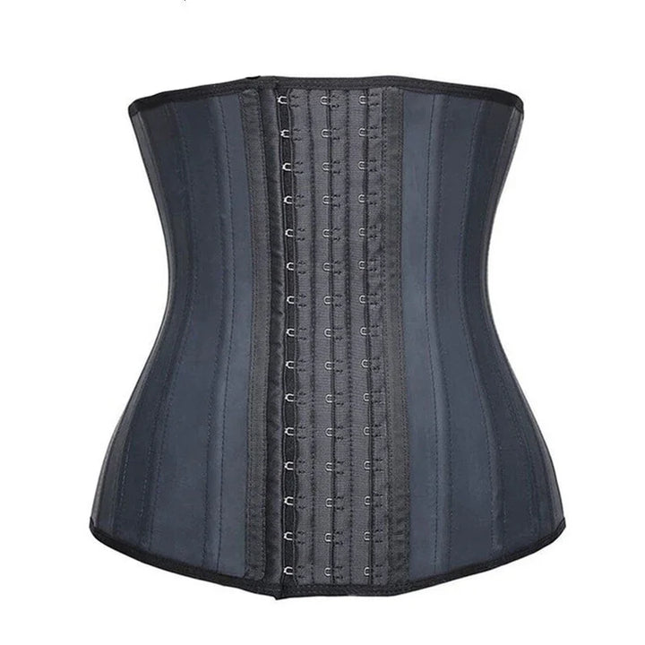 Black waist cincher corset with front metal hook-and-eye closures and vertical boning