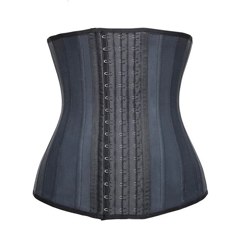 Black waist trainer corset with front hook-and-eye closures and structured boning