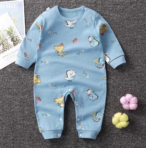 Blue baby romper with colorful cartoon dinosaurs and star patterns, snap buttons on legs, long sleeves