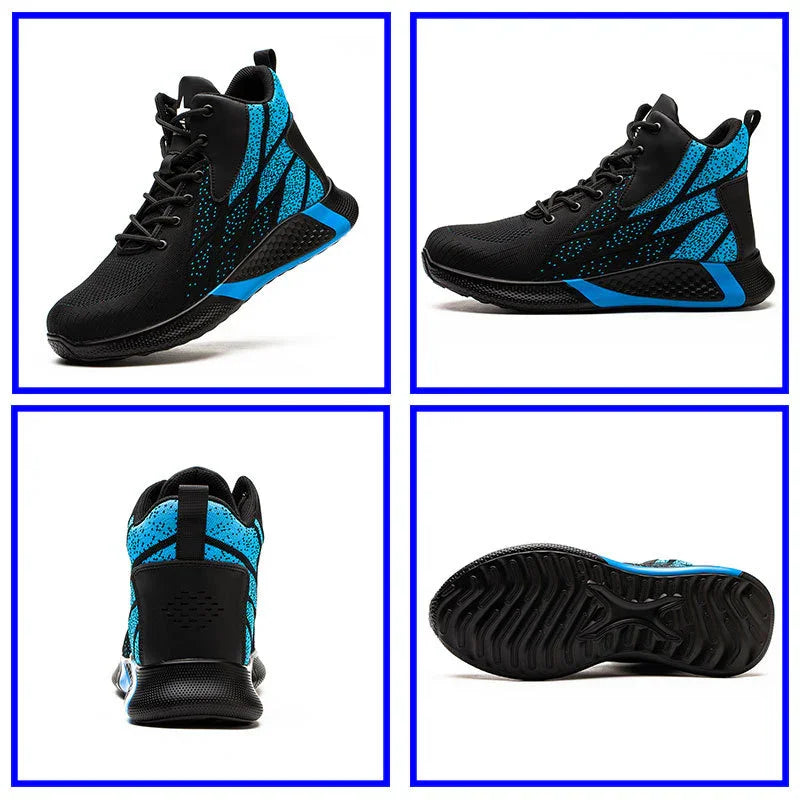 Black and blue high-top athletic sneakers displayed from multiple angles with textured sole and lace-up design