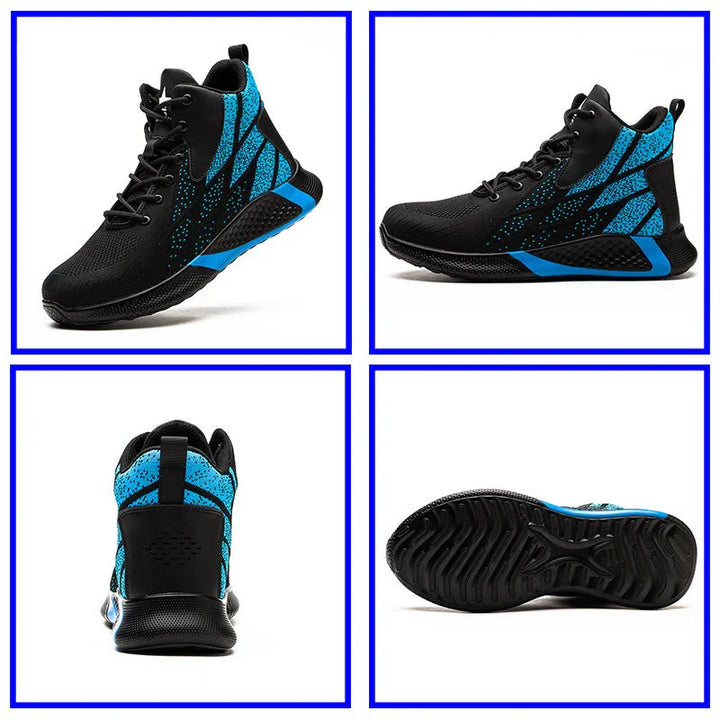 Black and blue high-top athletic sneakers displayed from multiple angles with textured sole and lace-up design